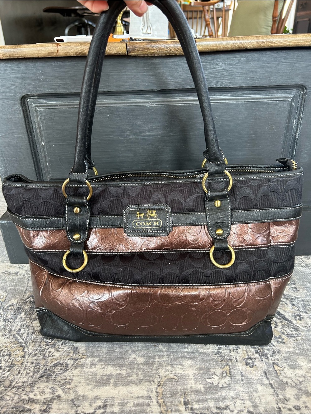 Coach Black and Metallic Brown/Bronze Signature Stripe Tote